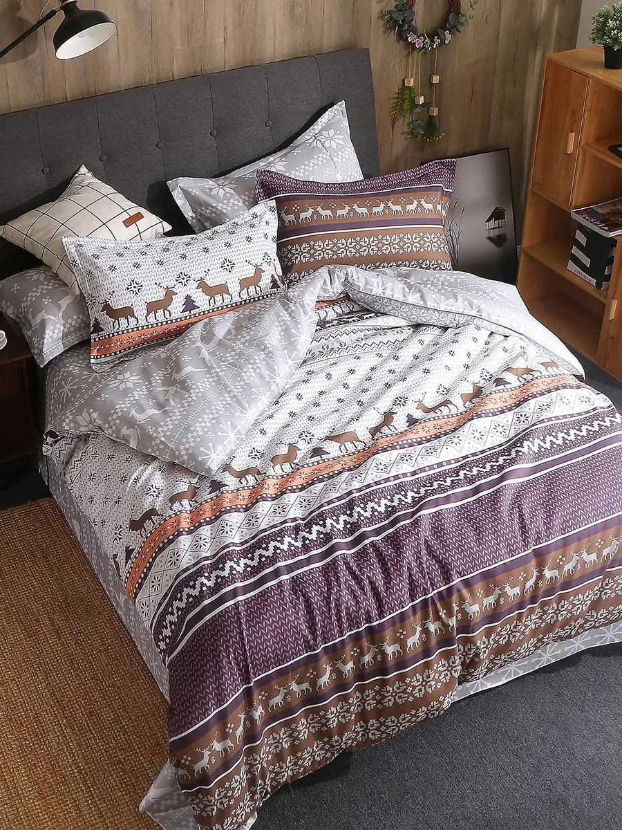 

3/4 Pcs Bedroom Duvet Cover Set Elk Geometric Printed Soft Cozy Bed Linens