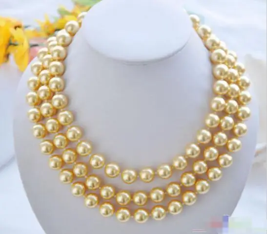 

Hot sale new Style >>>>>3row 19" 12mm Golden Round South Sea Shell Pearl Necklace