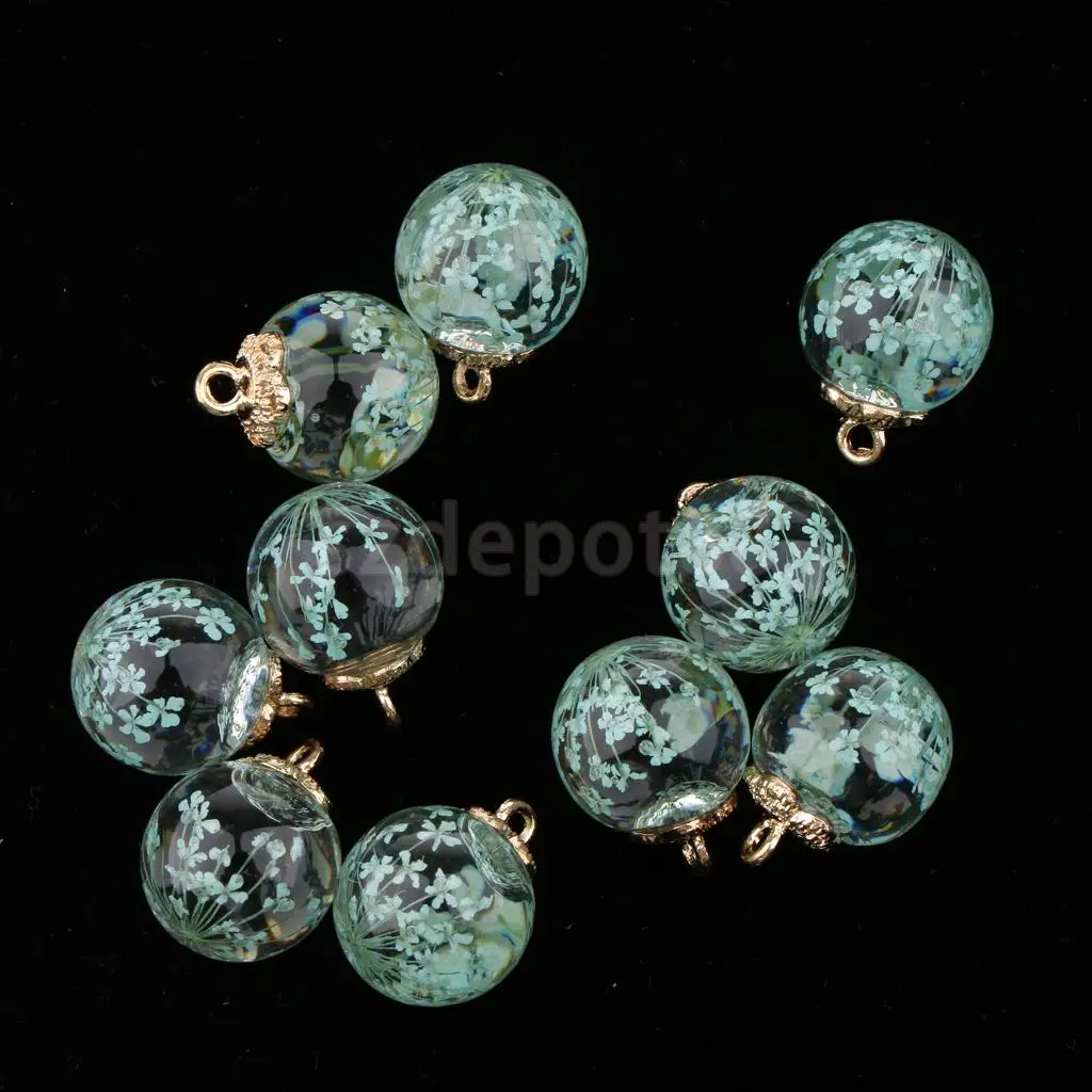 10pcs Dried Flower Glass Ball Pendant with Flower Cap DIY Earring Dangle Craft Findings Loose Beads