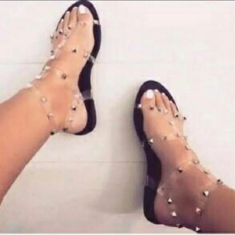 

Summer White Transparent Flats Sandals Women Sexy Rivet Cross Strap Beach Sandals Gladiator Clear Open Toe Ladies Shoes E852