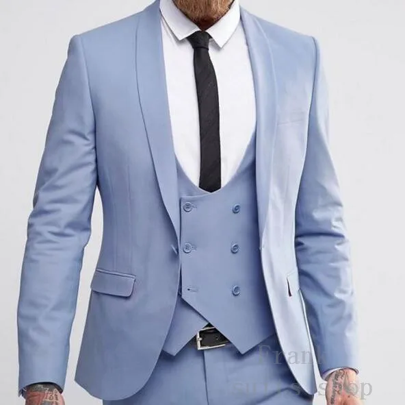 2018 Newest Light blue Groomsmen shawl Lapel Mens Wedding Suits Groom Tuxedos costume 3 pieces Men Suit (Jacket+vest+Pants)