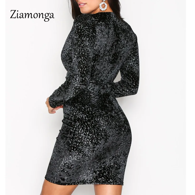 Ziamonga с длинным рукавом Осень Для женщин Ruched платье повязки глубоким v