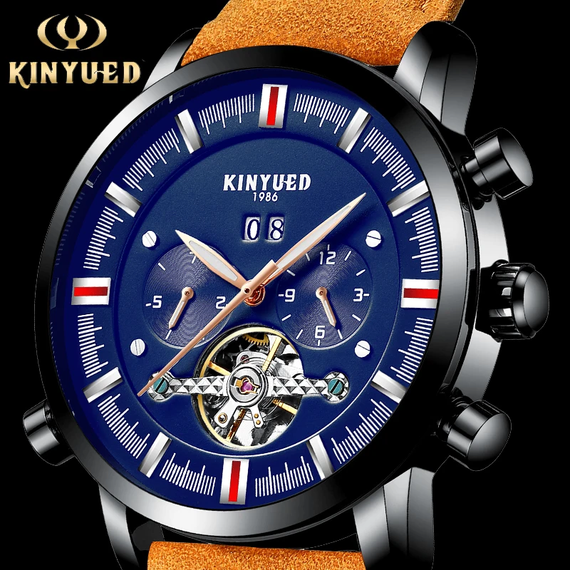 

KINYUED Montre Homme Automatique Tourbillon Watch Men Mechanical Automatic Wrist Watch Sports Leather Waterproof horloges mannen