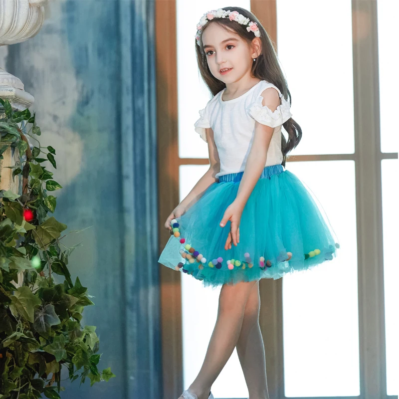 B&N Soft Chiffon Elastic Waist Girl Princess Pettiskirts Children Dance Solid Tutu Skirts Coloful Pompom Tulle Skirts For 2-8T19
