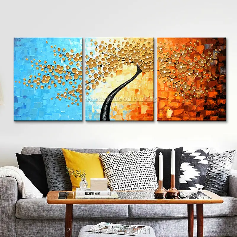 

3 Pieces Panel Wall Art Palette Knife Hand Painted Yellow Flower Oil painting On Canvas Wall Pictures Painting For Living Room 1