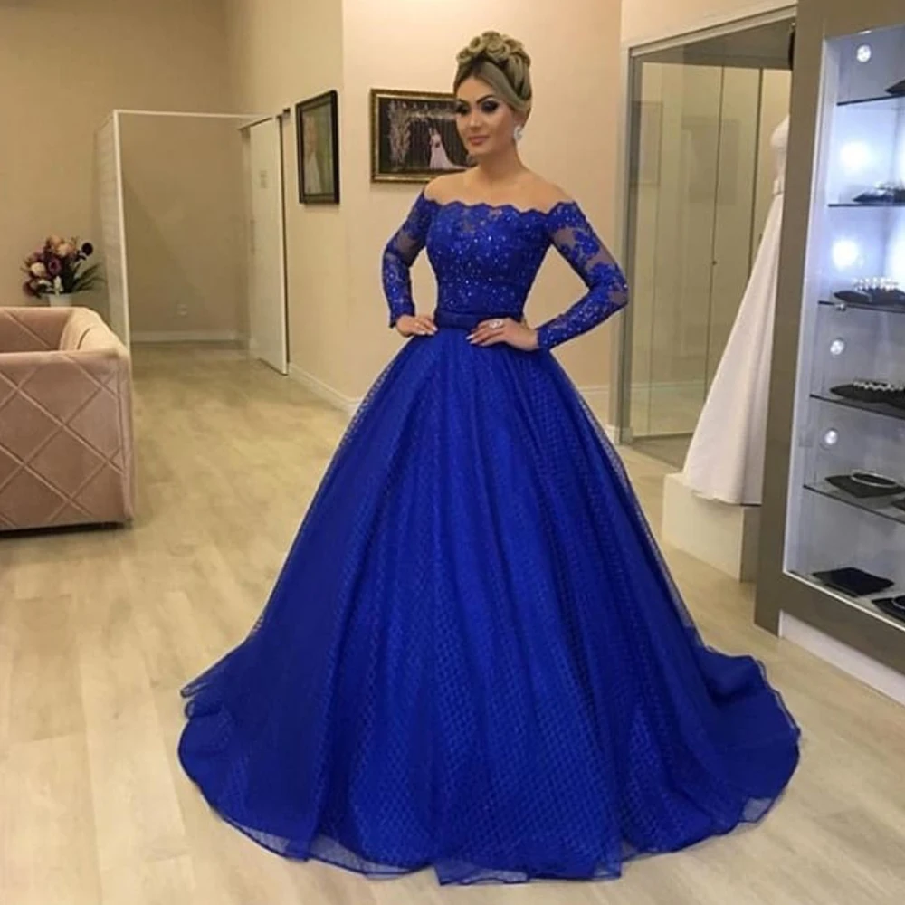 Afneembare prom dresses met rok off the shoulder royal blue avondjurken kant applicaties lange mouwen avondjurk jurken