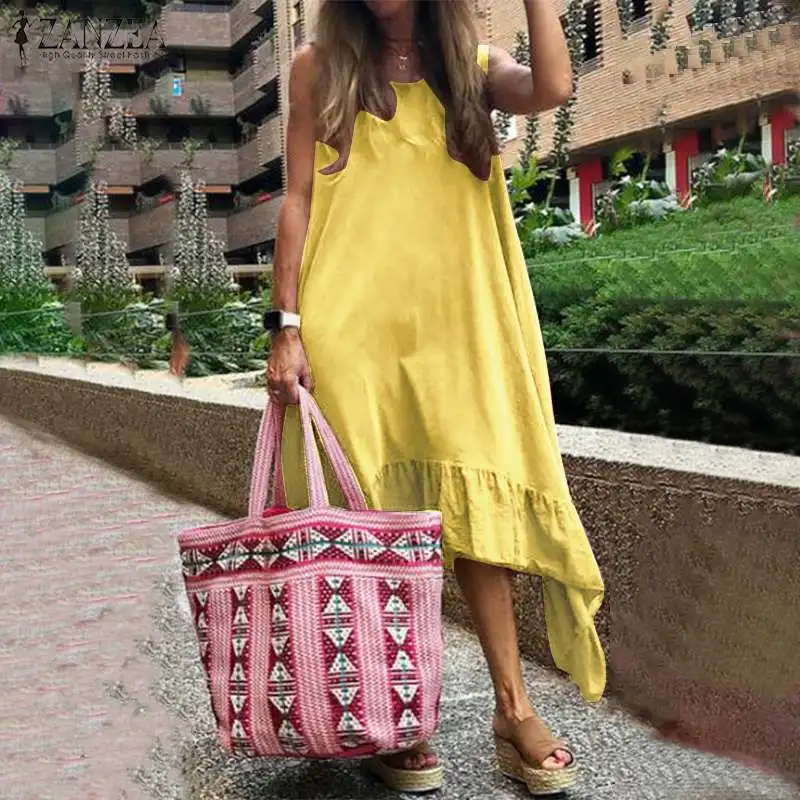 

Asymmetrical Dress Women's Sundress ZANZEA 2019 Ruffle Tunic Midi Dress Casual Summer Vestidos Robe Femme Plus Size Tunic Dress