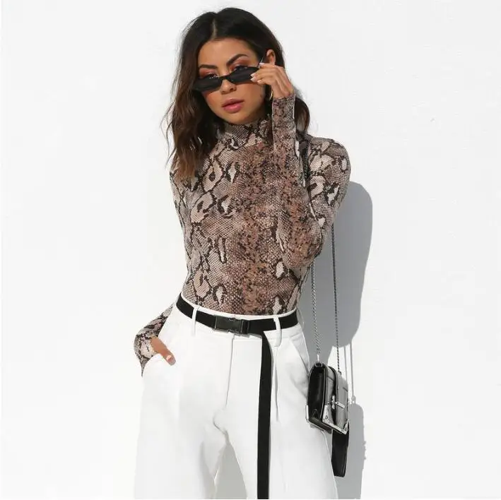 Snake Print Long Sleeve Sexy Women Bodysuit Autumn Winter Colthes Mock Turtleneck Thumbholes Snakeskin Body Suit