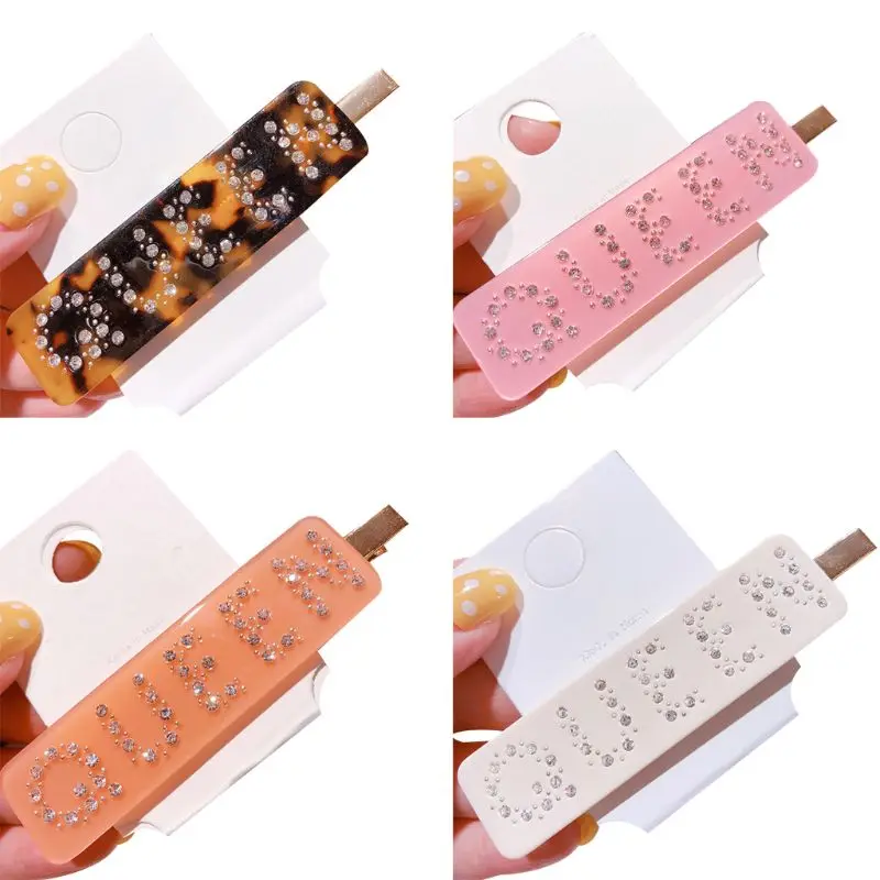 

Ladies Women Rectangle Acetate Leopard Duckbill Hair Clips Glitter Rhinestone Funny Letters Hairpins Styling Ponytail Barrettes