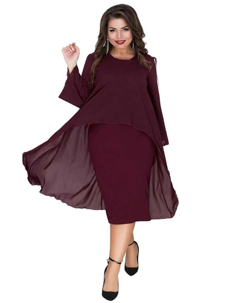 

Wipalo Women Plus Size 6XL Chiffon Fake Two Piece Dress O Neck Long Sleeve Bodycon Solid Dress Office Lady Dress Spring Vestidos
