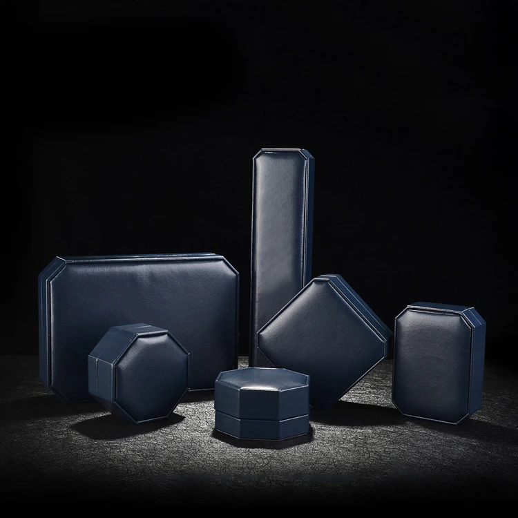 Goedkoop Mazarine blauwe ring box voor sieraden opslag earing hanger pakket sieraden set dozen verpakking display leer fluwelen vrouwen gift