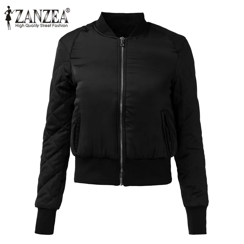 ZANZEA, женские куртки-бомберы, Осень-зима, теплые, с длинным рукавом, с хлопковой подкладкой, повседневные, на молнии, короткая верхняя одежда, стеганые пальто, топы - Цвет: Black
