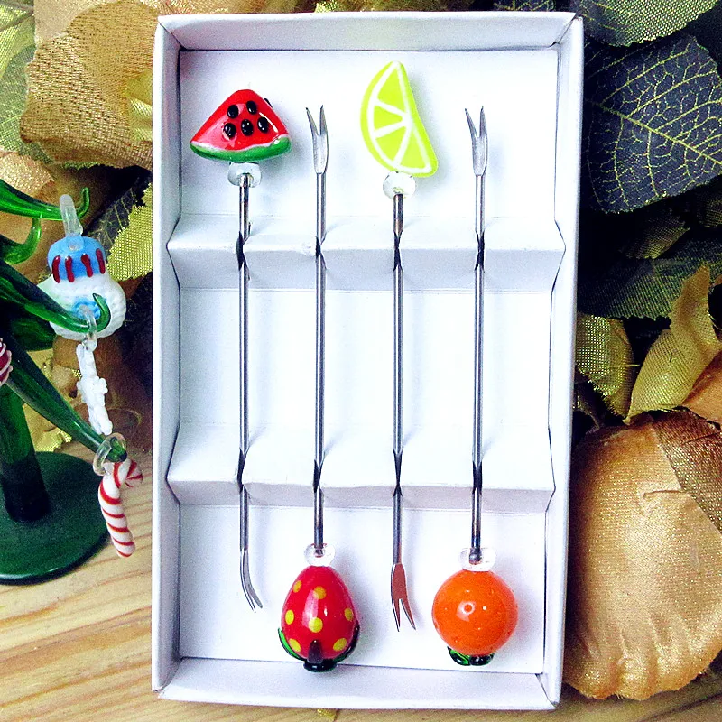 Custom handmade murano glass Watermelon lemon strawberry orange accessories stainless steel fruit fork set Cake dessert stick | Дом и сад