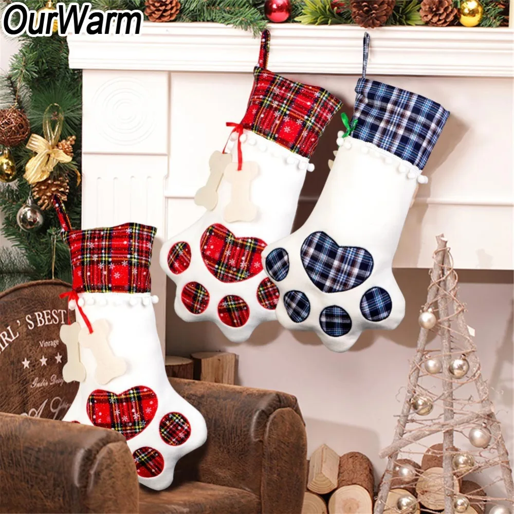 Теплые рождественские носки красные, синие гольфы в клетку с собачьими лапами мешочки, подвесной год, детские подарки, украшение для рождественской вечеринки, 46x28 см