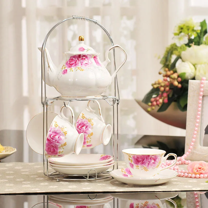 

New Arrival 9 Pcs European Coffee sets with cup holder Bone China Coffee pot cup suacer set Afternoon tea Free Shipping