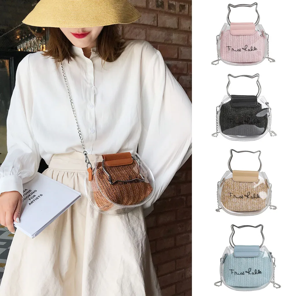 

Ladies Summer Waterproof Small Cat Pattern Transparent Beach Bag Women Clear Jelly Chain Crossbody Shoulder Bag Female Bolsas