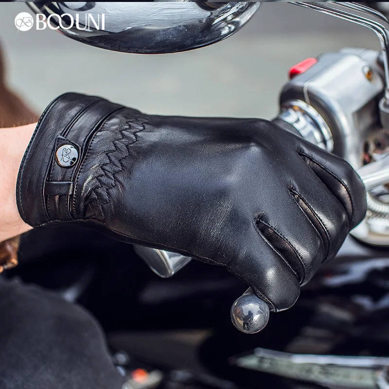 BOOUNI Genuine Leather Gloves Fashion Men Sheepskin Gloves Black Winter Plus Velvet Finger Motorcycle Driving Glove NM786