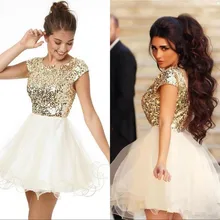2017 kleider Unter 100 A-linie Weiß Und Gold Pailletten Kurze Cockatil Kleider Für Mädchen Kurzes Cocktailkleid