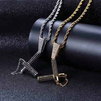 

Chinese Kung Fu Weapon Nunchakus Pendants Necklaces Micro Paved Black CZ Rhinestone Men's Bling Iced Out Hip Hop Rapper Jewelry