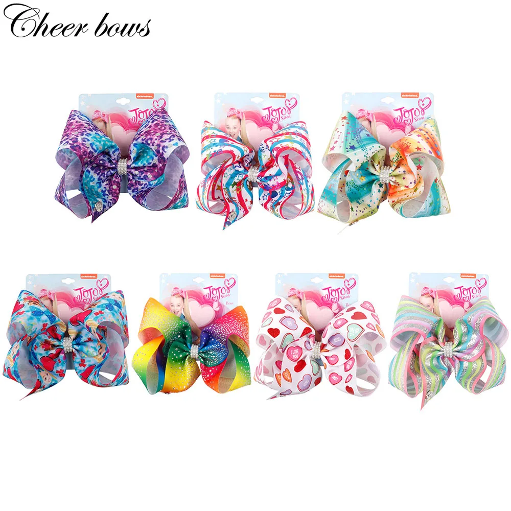 

8" Hair Accessories jojo Hair Bows Girls Colorful Printed Hair Bow with Rhinestone Hair Clip Handmade Ribbon Children Hairgrips