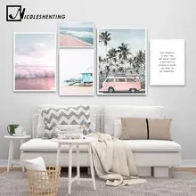 Póster de lienzo de paisaje oceánico, estilo nórdico, playa, autobús rosa, impresión artística de pared, cuadro decorativo, imagen escandinava, decoración del hogar
