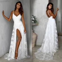 Sexy encaje Floral sólido mujer verano sin mangas cuello pico espalda descubierta Vintage largo Boho fiesta cóctel Casual suelto playa vestido blanco