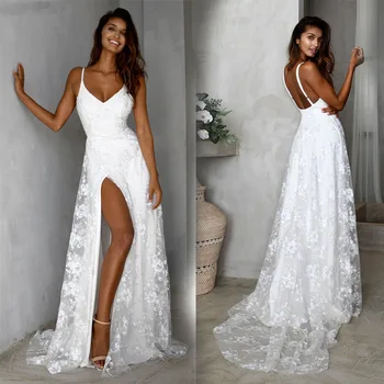 

Sexy Lace Floral Solid Women Summer Sleeveless V-Neck Backless Vintage Long Boho Party Cocktail Casual Loose Beach White Dress