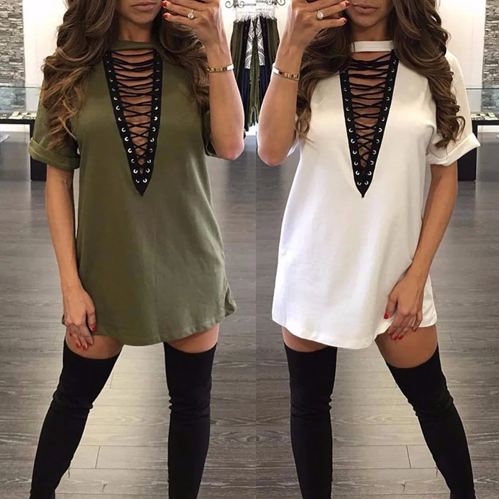 

2019 Spring Dresses Women Lace Up Dress Plus Size S-3XL Hollow Out Plunge V Short Sleeves Casual Mini Dresses female