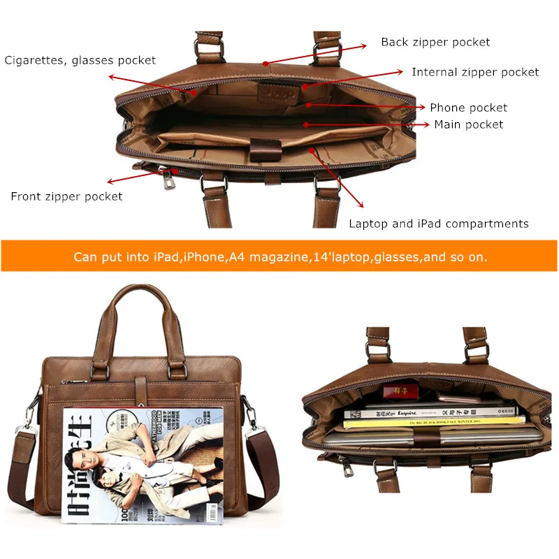 JEEP Promotion Simple Dot Famous Brand Business Men Briefcase Bag Luxury Leather Laptop Bag Man Shoulder Bag bolsa maleta 9616