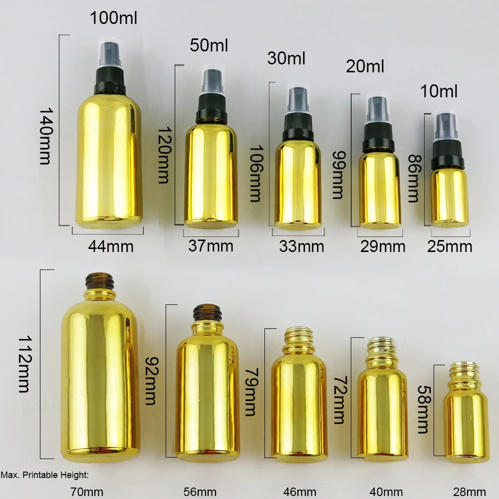 12 x пустой многоразового 100ml50ml 30 мл 20 мл 15 мл 10 мл 5 мл Золото Стекло эфирное масло бутылка с тумана аэрозольный контейнер