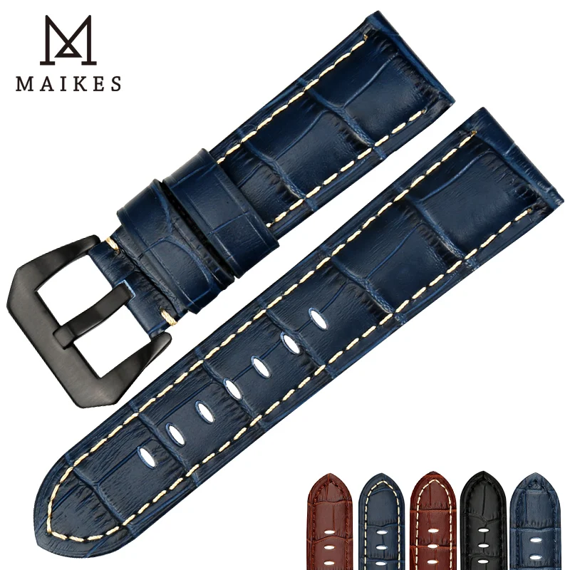 

MAIKES Handmad Watch Accessories Blue Genuine Leather Black Steel Buckle 22mm 24mm 26mm Watchband Watch Strap & Watch Band