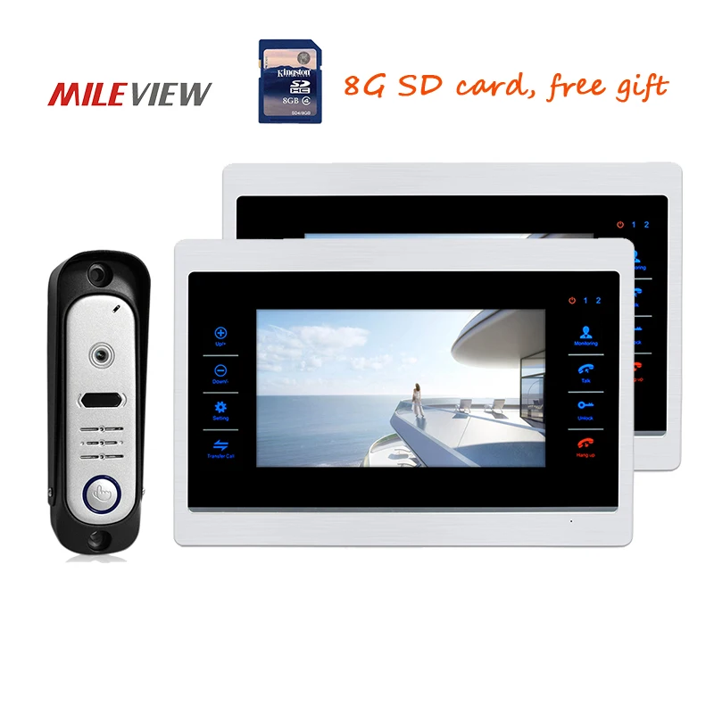 

Free Shipping 720P AHD HD 7" Video Door Phone Intercom Unlock System Two Record Monitors IR Nightvision Doorbell Camera + 8G TF