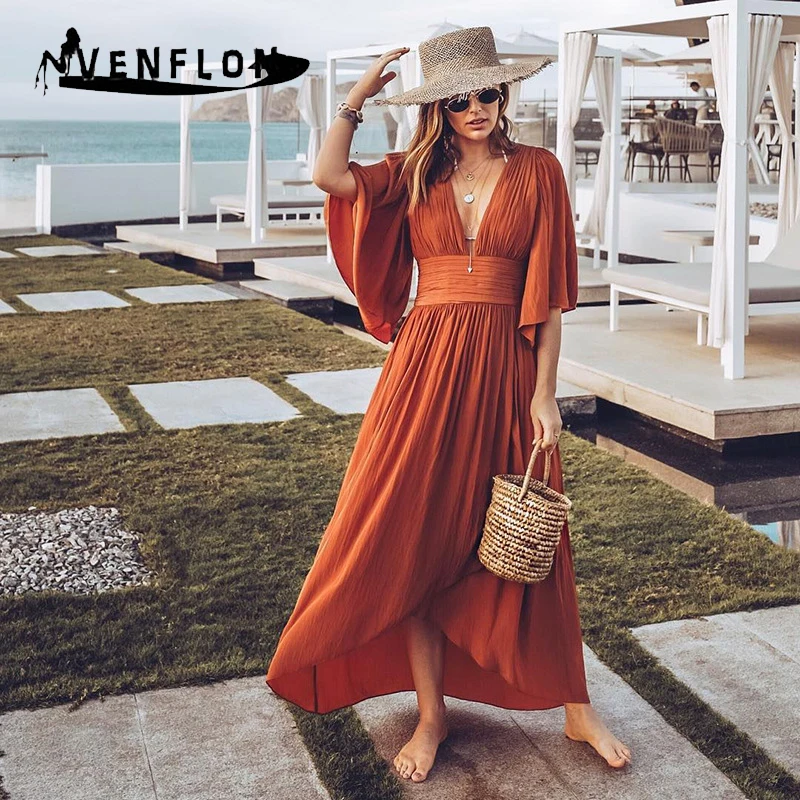 VENFLON Women Dress Summer 2019 Elegant Sexy Deep V-neck Half Sleeve Pleated Maxi Dress Irregular Backless Long Beach Dress 2XL