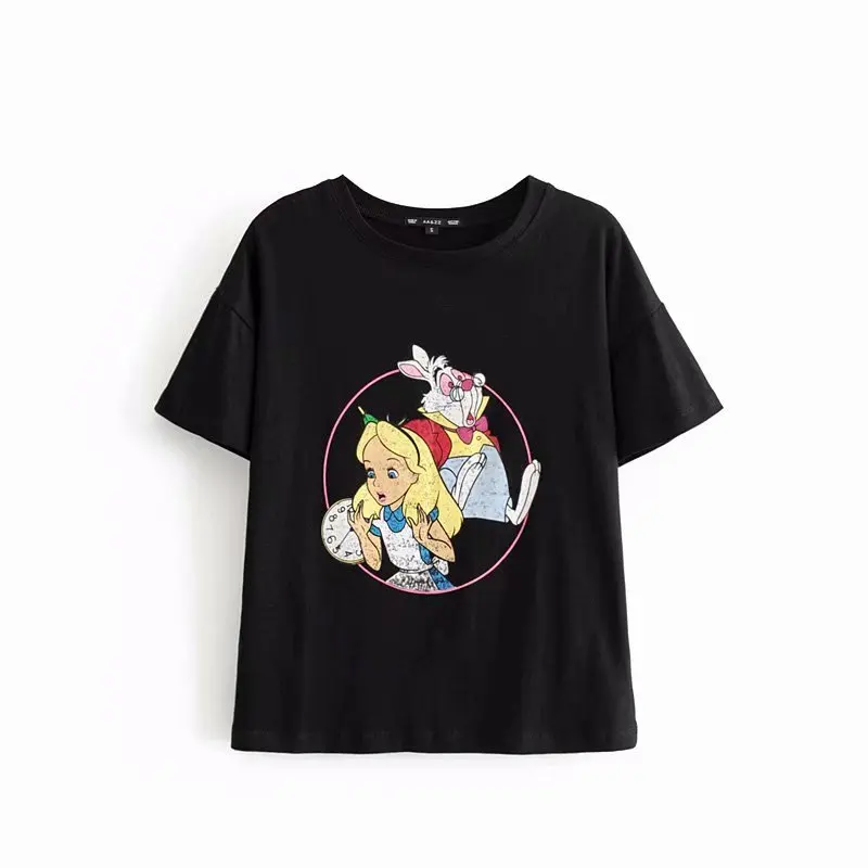 

2019 Women Fashion Alice print Black T Shirt Casual Cartoon rabbit Tee Summer O neck Short sleeve Letters Shirt Female Tops A040