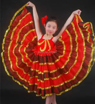 

Free ship children girls sequins big hem flare beading red latin dress/samba dance dress/ jive and paso doble/Paso Doble dress