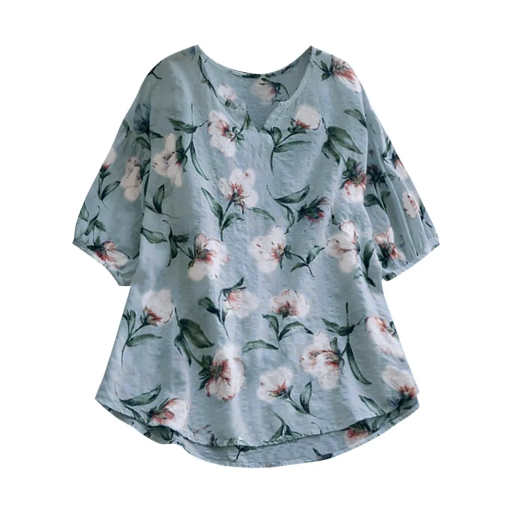 Женская блузка, рубашка с v-образным вырезом, рукав до локтя, льняная, винтажная, бохо, цветочный принт, топы, свободная блузка, blusas mujer de moda,, camisas, новинка - Цвет: Sky Blue