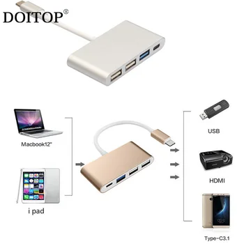 

DOITOP 4 in 1 USB HUB Type C to Type C&1*USB3.0&2*USB2.0 Ports HUB Mini USB Adapter Cable For ipad Mobile Phones For Macbook A3
