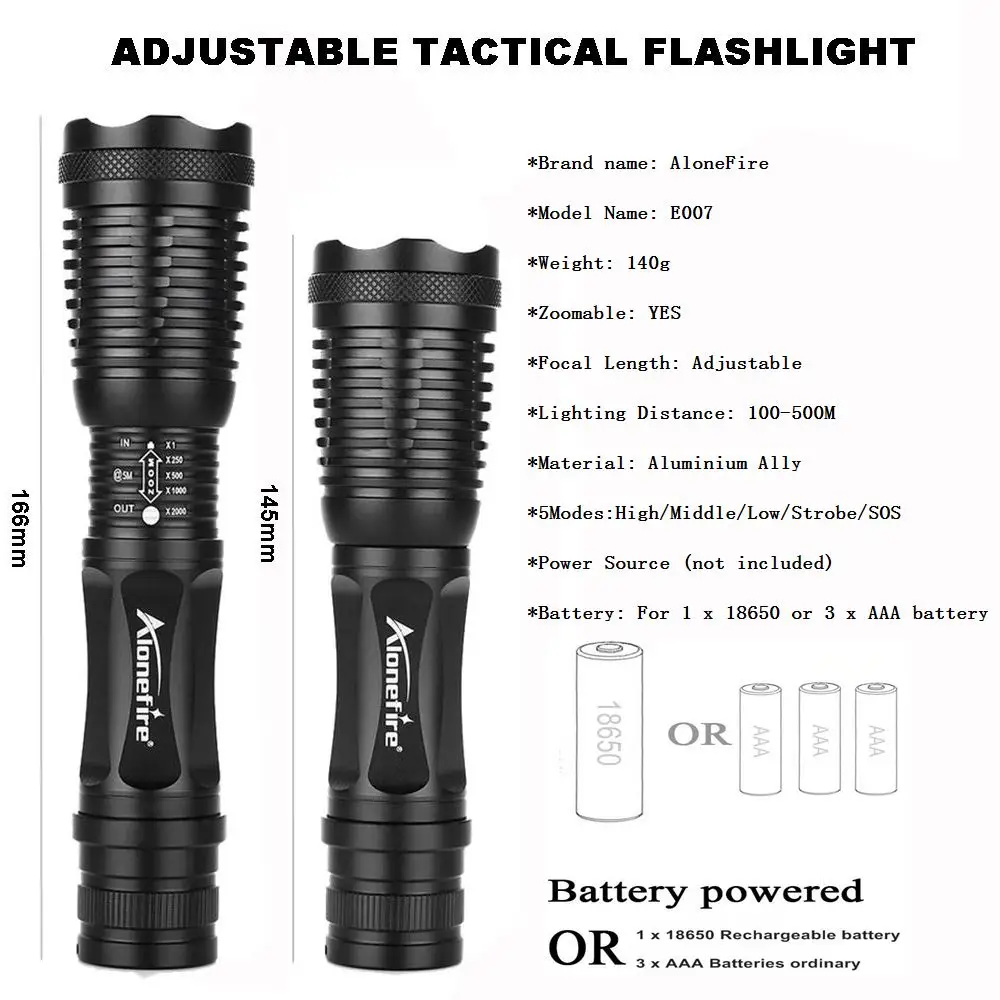 Тактический фонарик AloneFire E007 Cree XM L T6 L2 U3 светодиодный масштабируемый для рыбалки