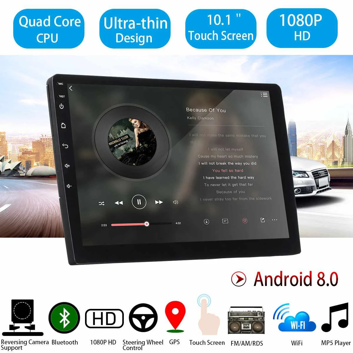 

Car Multimedia Player 10.1'' 2G+32G for Android 8 Car Stereo 2DIN bluetooth WIFI GPS Nav Quad Core Radio Video MP5 Player