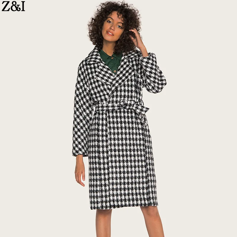 

2019 Women's Long Fund Windbreaker Plover Grid Woollen Overcoat Loose Coat Woman -18105