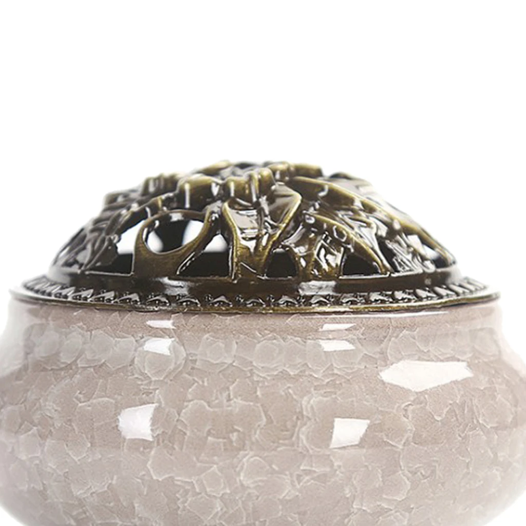 2x Vintage Chinese Ceramic Incense Burner Holder Buddhist Cones Coil Spiral Censer Ash Catcher Bowl with Alloy Cover