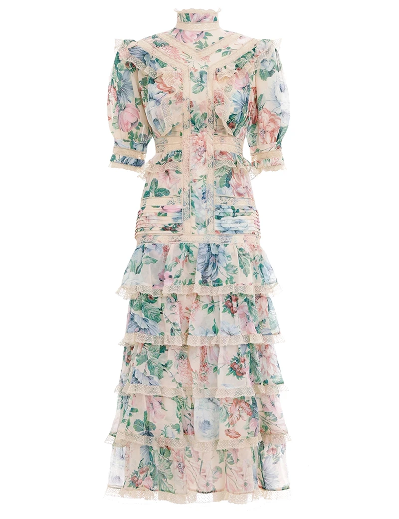 CAMIA/высококачественное платье ZIM с цветочным принтом, лоскутные кружевные летние миди-платья с пышными рукавами и стоячим воротником, элегантные женские платья для торта