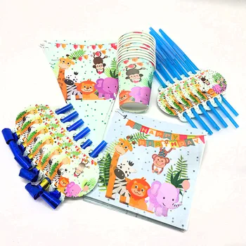 

98pcs/lot Safari theme disposable plates cups straws Safari party decorations Safari Animals theme disposable napkins plates