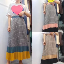 Новая весенне-осенняя Женская Корейская Высокая талия клетчатая Лоскутная длинная Плиссированная юбка эластичная талия контрастный цвет длинная юбка Faldas