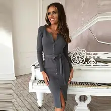 2017 Hot Sale Long-sleeved Hip Long Sexy Dress Solid Color Single-breasted Imitation Imitation cotton