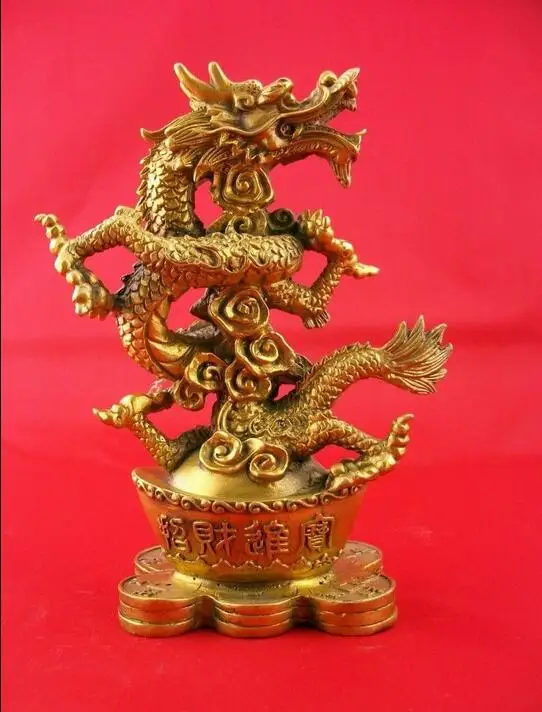 8" China brass copper carved lucky fine gold ingot dragon Sculpture