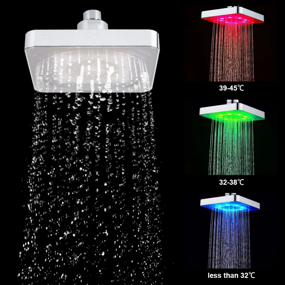 6Inch 8Inch Square LED Shower Head LED Light 3 Color Changing Bathroom