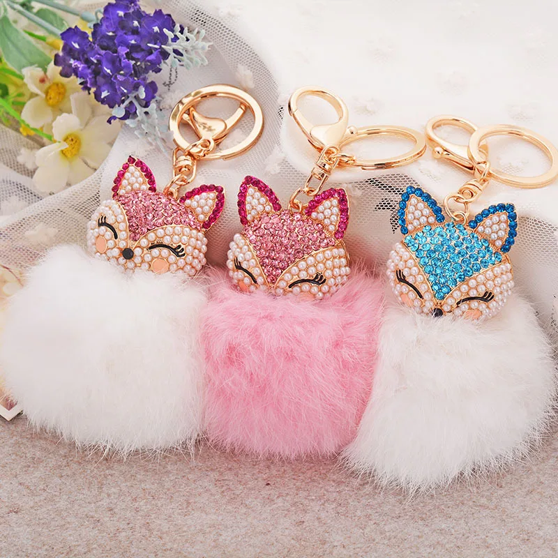 

Cute Rhinestone Fox Crystal Keychain Fluffy Rex Rabbit Fur Pom Pom Key Chain Llavero Pompon Keyring Porte Clef Charm Bag Pendant