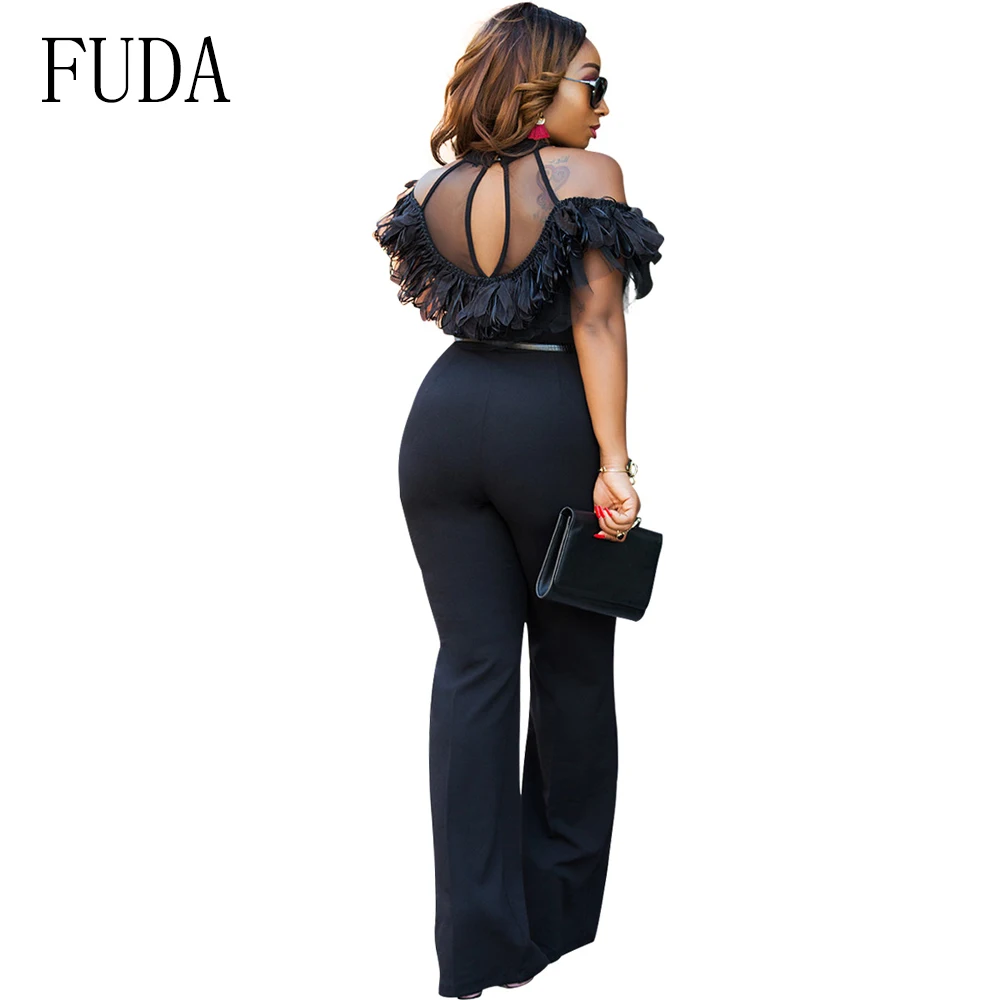 FUDA Off Shoulder Sexy Jumpsuit Elegant Halter Lace Ruffles Overalls Clubwear One Piece Long Wide Leg Rompers Womens Jumpsuit