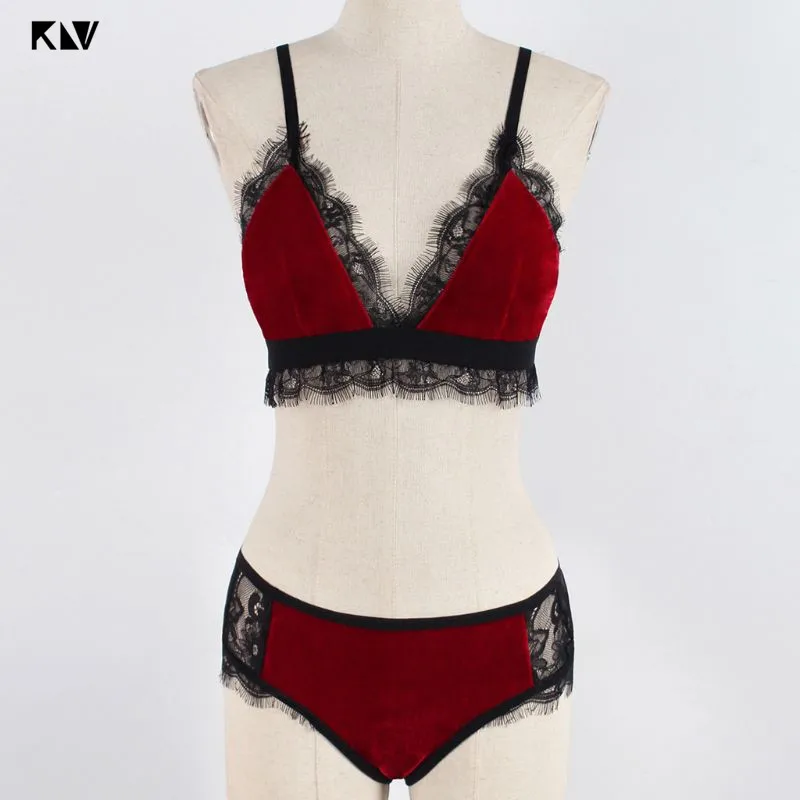 KLV женский сексуальный кружевной комплект нижнего белья с цветами, блестящий бархатный треугольный бюстгальтер с низкой посадкой, эротические прозрачные сетчатые стринги, нижнее белье, ночное белье